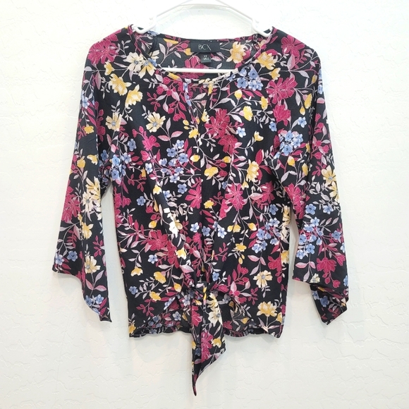 BCX Tops - BCX Black & Floral Print Tie Front Blouse Top Women's Size XS